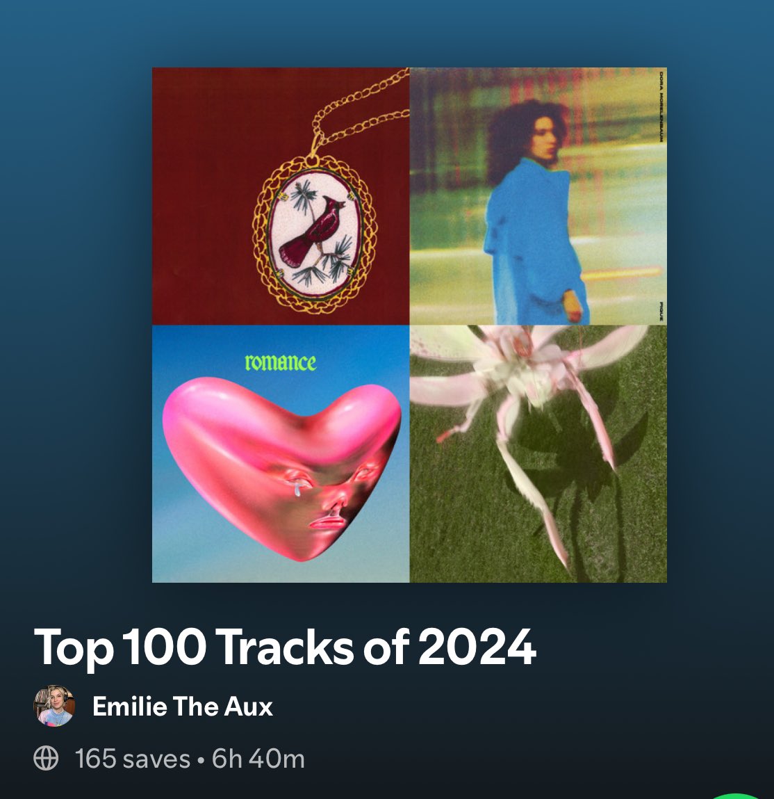 I have intense music FOMO. After listening to 400+ releases this year, I cut it all down to a playlist of my top 100 tracks of 2024. It spans a whole bunch of genres and vibes - I think you just might find something you dig ✨
 open.spotify.com/playlist/5d2qc…