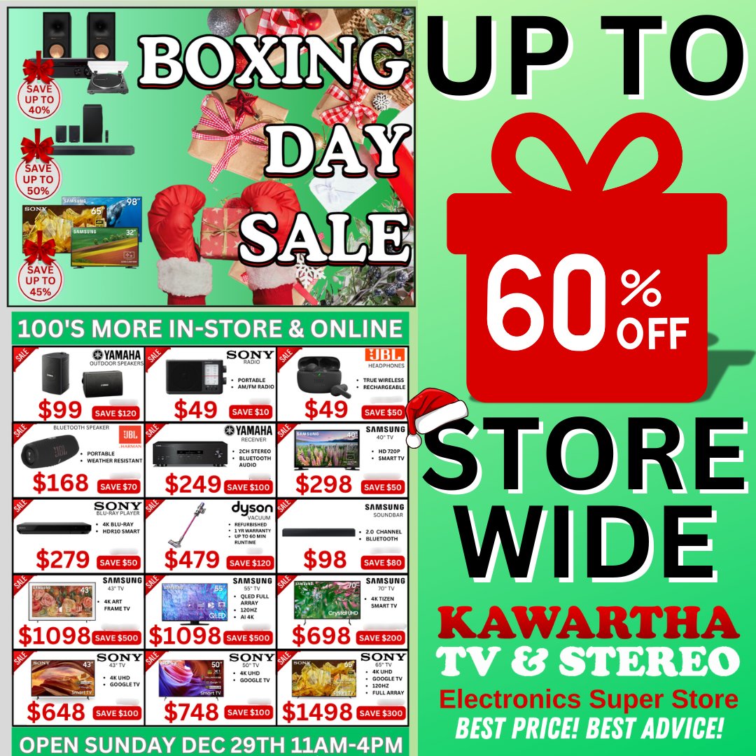 KawarthaTV's tweet photo. Ho Ho Ho! 4 days to go! Boxing Day pricing is now officially in effect. Save now on all your last minute gifts. No lineups. No door crashing. Just good old store-wide savings.  Come on in or shop online. #BoxingDay 

https://t.co/XcCvPMZXqK https://t.co/g8Ng81iivF