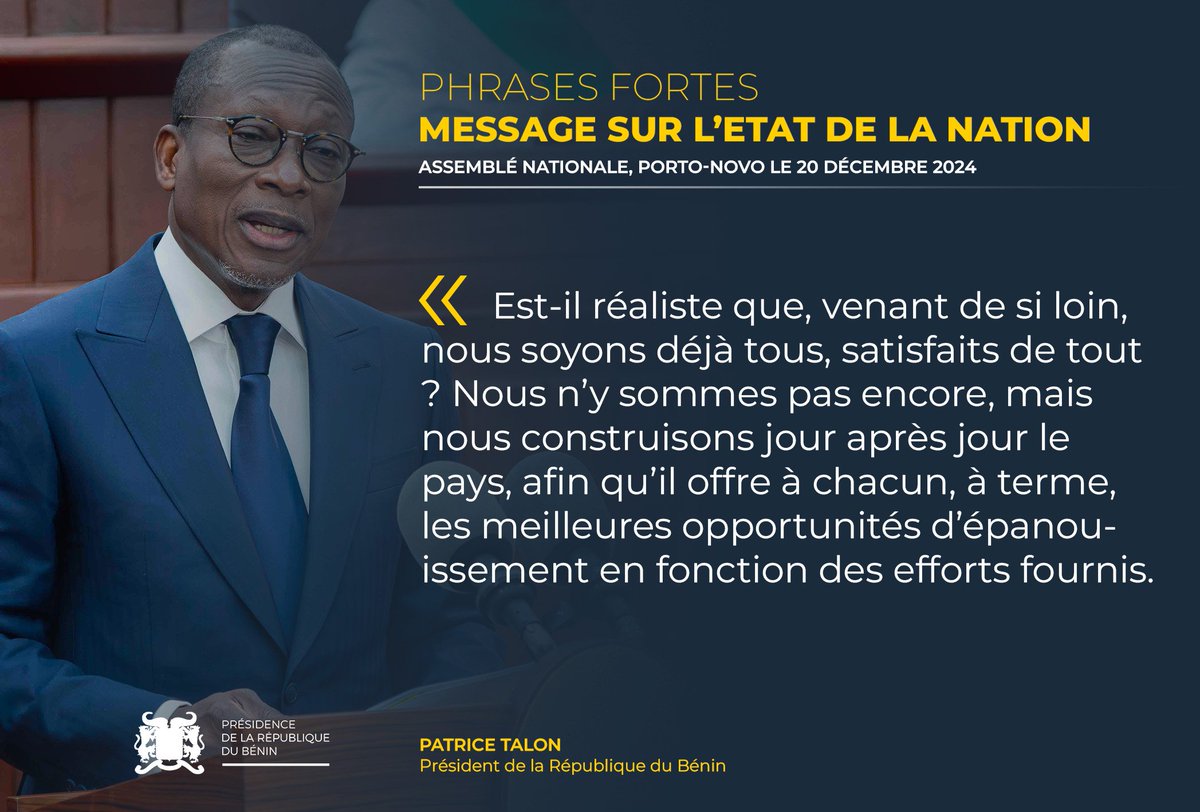 PresidenceBenin's tweet photo. #DiscoursPr | #Wasexo | #Prbenin | #PhrasesFortesPr |
🚨 Quelques phrases fortes du message sur l’état de la Nation délivré par le Président M. @PatriceTalonPR, ce vendredi 20 décembre 2024 au Palais des Gouverneurs à Porto-Novo devant les Honorables députés. (PART 1) https://t.co/S8Deu2gvyE