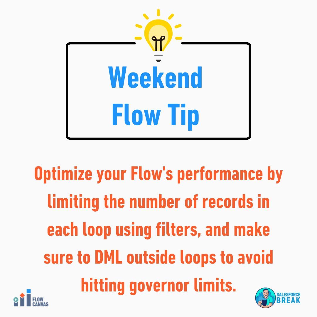 enginutkan's tweet image. 💡 Weekend Flow Tip 👇🏼

Flows allow you to loop through collections of records, enabling bulk processing through assignments and DML operations on multiple records at once. 

What challenges have you faced with loops in Flows?

#SalesforceAdmin #SalesforceDeveloper #CRM #Tech