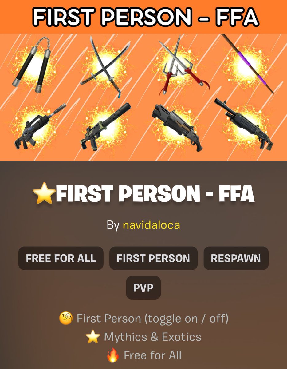 NavidaLocaUEFN's tweet photo. ‼️NEW MAP ALERT‼️

Ready up for our brand new FIRST PERSON ZERO BUILD FREE FOR ALL! 

Featuring Chapter 6 Weapons and all your favorites from the past! @FNCreate

MAP CODE: 2069-1682-6706 https://t.co/DZL99CPQSe