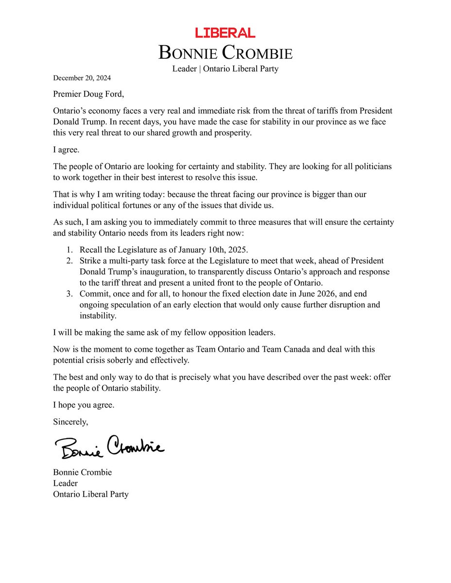 Stability over politics. It’s time to stand together against Trump’s tariff threat.

Read my open letter to Premier Ford calling for a cross-party consensus to protect Ontario’s economy: