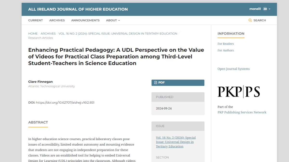 'Enhancing Practical Pedagogy: A UDL Perspective on the Value of Videos for Practical Class Prep...' by Clare Finnegan <a href="/ATUStAngelas/">ATU St Angelas</a>. See ojs.aishe.org/index.php/aish…. Published in a special issue on universal design in tertiary education <a href="/AISHE_EDU/">AISHE</a> &amp; @ahead ojs.aishe.org/index.php/aish…