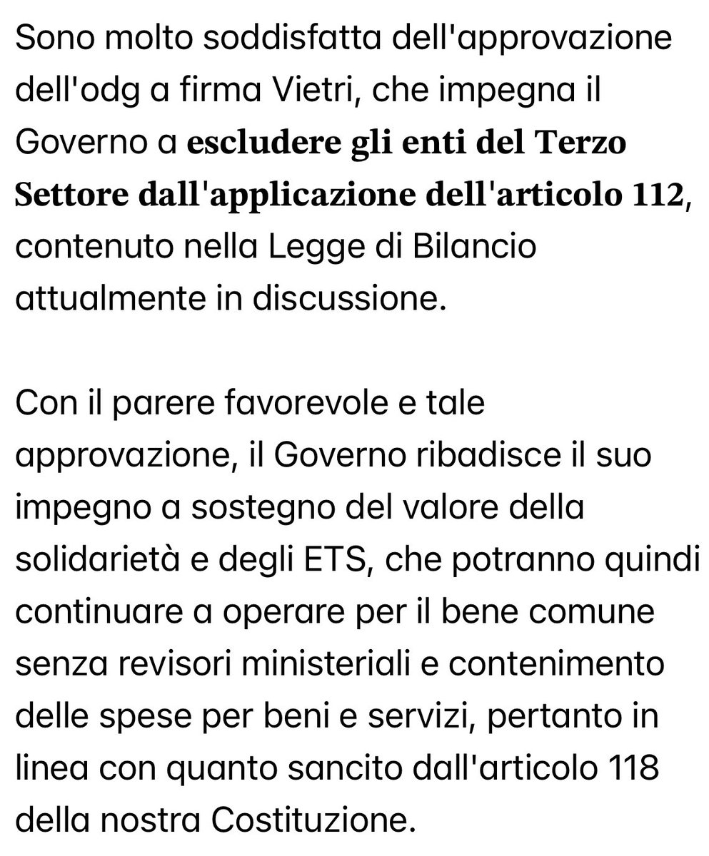 Ringrazio l'on. <a href="/immavietri69/">Imma Vietri</a> per essere intervenuta su una questione fortemente attenzionata dal mondo del #TerzoSettore e che avrebbe posto in grande difficoltà gli enti ricevitori di un riconoscimento pubblico di almeno 100mila euro.