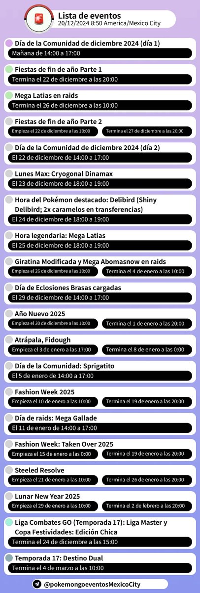 🌠 Lista de eventos
20/12/2024 8:50 America/Mexico City

Telegram: t.me/pokemongoevent…

#PokemonGO #Evento