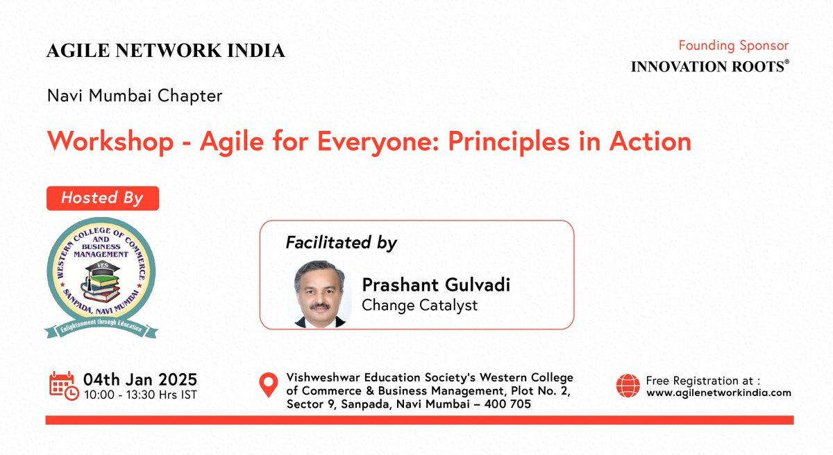 AgileNetwork_in's tweet image. Agile Network India #NaviMumbaiChapter | #JanuaryEvent 

Agenda Live! 

Date: 04th January 2025 

Time: 10:00am to 1:30pm

 Register at : agilecommunity.org/event-details/… (Free to Participate)