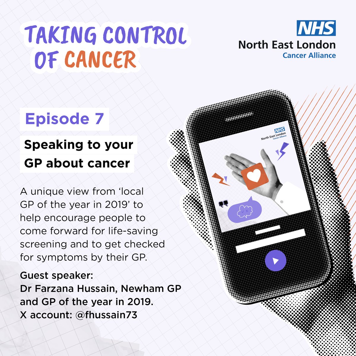 In North East London's Cancer Alliance latest podcast, Dr Farzana Hussain encourages people to come forward for life-saving screenings and to get checked by symptoms by their GP. 

All podcasts are now available from the NEL Cancer Alliance webpage: nelcanceralliance.nhs.uk/taking-control…