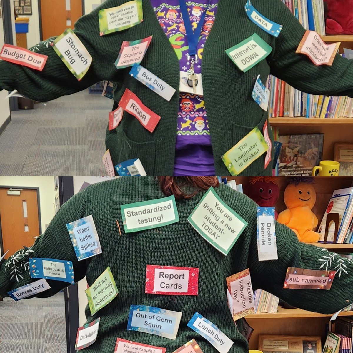 Yesterday was Ugly Sweater Day at school. I decided to create my own. (Kept it general educator stuff, not library- specific) I didn't wear it around the kids .