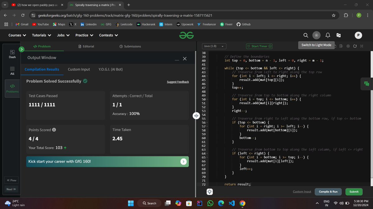 pawankumar0471's tweet photo. Day 26 DSA Problem: "Spirally traversing a matrix." #gfg160 #geekstreak2024 #geeksforgeeks #CodingChalleng https://t.co/hP90LzssaF