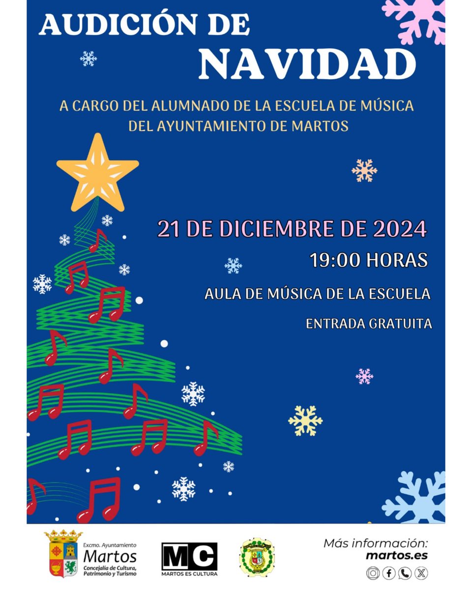 Este sábado 21 de diciembre a las 19:00 horas, tendrá lugar la Audición de Navidad de la Escuela Municipal de Música, donde los alumnos demostrarán sus avances y deleitarán al público con la interpretación de las distintas piezas que cada uno de ellos ha preparado.
