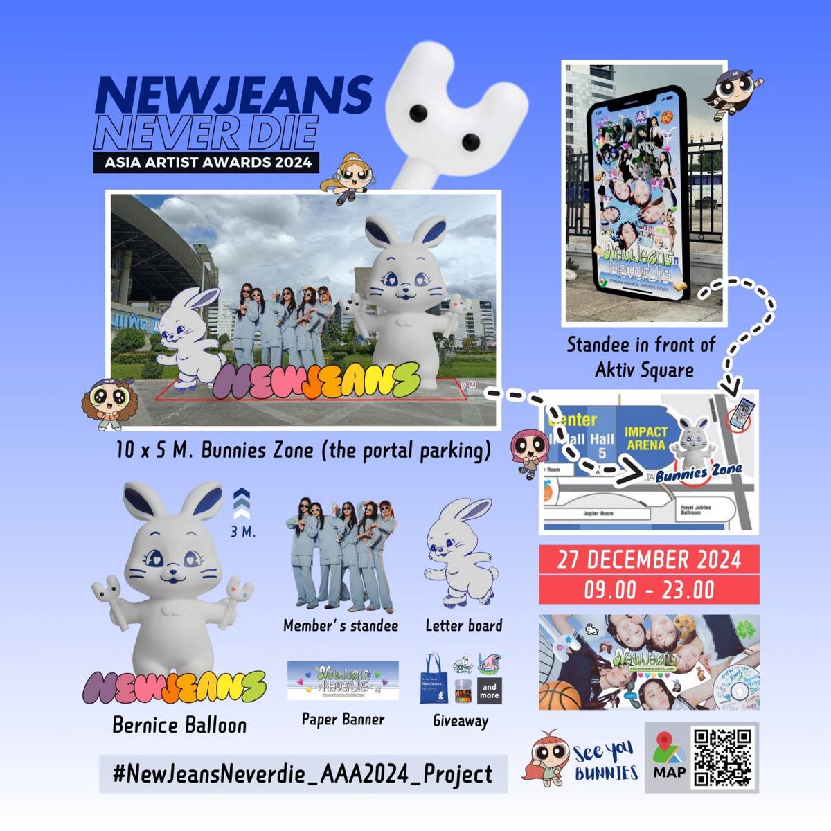Bunniesbaseth's tweet photo. Project “NewJeans NeverDie AAA2024 “ By Thai Bunnies  
✨เชิญชวน Bunnies มาร่วมเก็บบรรยากาศโมเม้นต์น่ารักๆและความอลังการณ์กับโปรเจคต์ที่ทางBunniesไทยจัดทำขึ้น ในงานประกาศรางวัล AAA2024  ณ Impact Challenger 1-2 
รายละเอียดของโปรเจคต์ 
ประกอบไปด้วย 2 ส่วน  Bunnies Zone และ ป้าย โปรเจคต์ สแตนดี้ 
✨✨✨✨
🐰 ป้ายสแตนดี้ Project  “NewJeans NeverDie” 
📍 Aktive Square 
🐰 Bunnies Zone จะประกอบไปด้วย 
-Bernice Balloon สูง 3 เมตร 
-สแตนดี้สมาชิกทั้ง5 คน
-ป้าย Bernice Letter Board เขียนแสดงความรู้สึก 
📍The Portal Parking 
*สถานที่แต่ละโปรเจคต์สามารถดูได้ตามรูปภาพ หรือ สแกนQR Code ได้เลยครับ  *
🎁แจกฟรี Giveaway น่ารักๆจากทางทีมงาน มีจำนวน 200 เซ็ท 

วันเวลาในการเข้าร่วมกิจกรรม
🗓️: วันศุกร์, 27 ธันวาคม 2024
⏰: 10.00 น.- 23.00 น.   

#jeanzforfree #NewJeans 
#뉴진스 #2024AAA #AAA2024inBKK #NewJeansNeverdie_AAA2024_Project