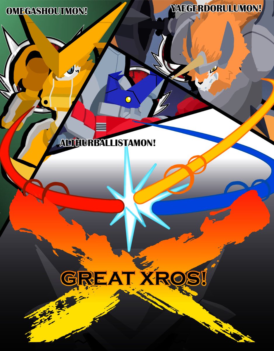 BarillRojas's tweet photo. GREAT XROS! - Just a preview of a future drawing. Look at it as the first part of two pages. #Digimon #XrosWars #XrosHeart #Shoutmon #Ballistamon #Dorulumon #Digixros https://t.co/xOEVX56w1V