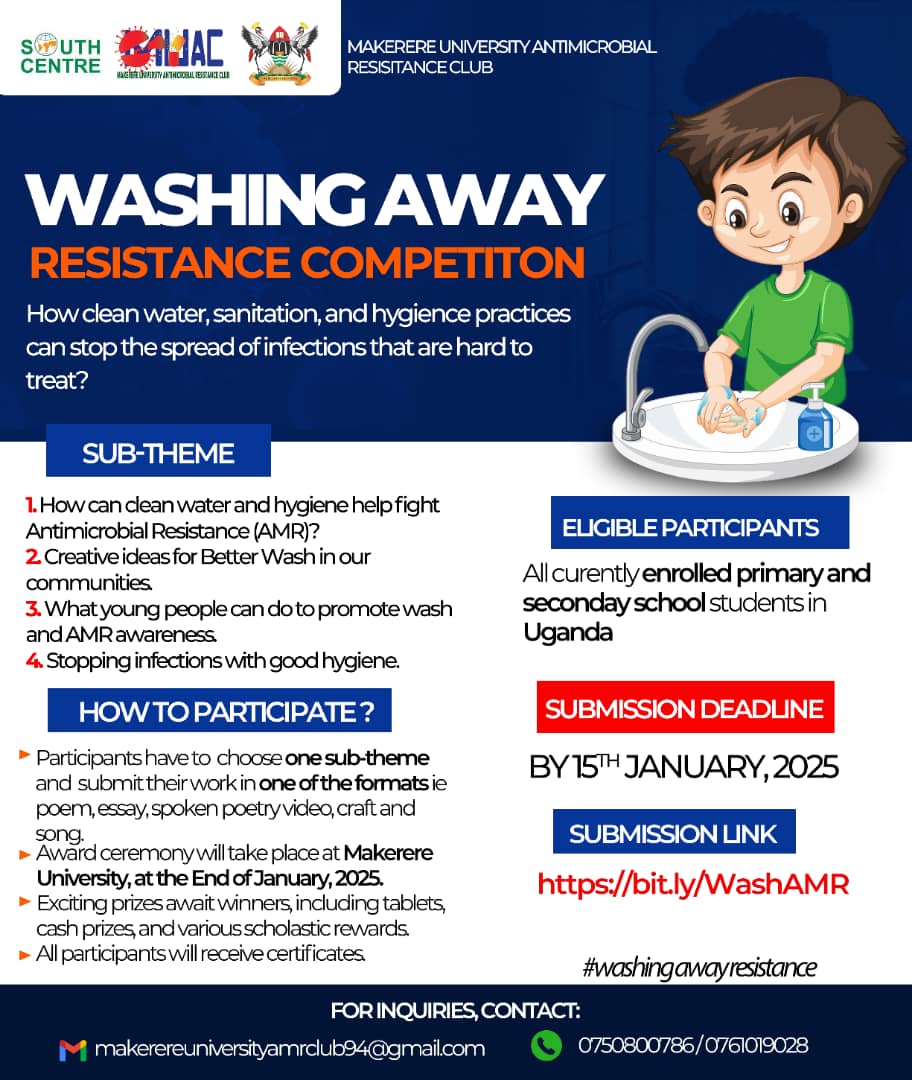 Are you a primary or secondary school student ?🤗

Win prizes🥳🥳
Join the "Washing Away Resistance" competition.

Students can submit poems, essays, videos, or crafts that explore how Water, Sanitation, and Hygiene (WASH) can help fight Antimicrobial Resistance (AMR).