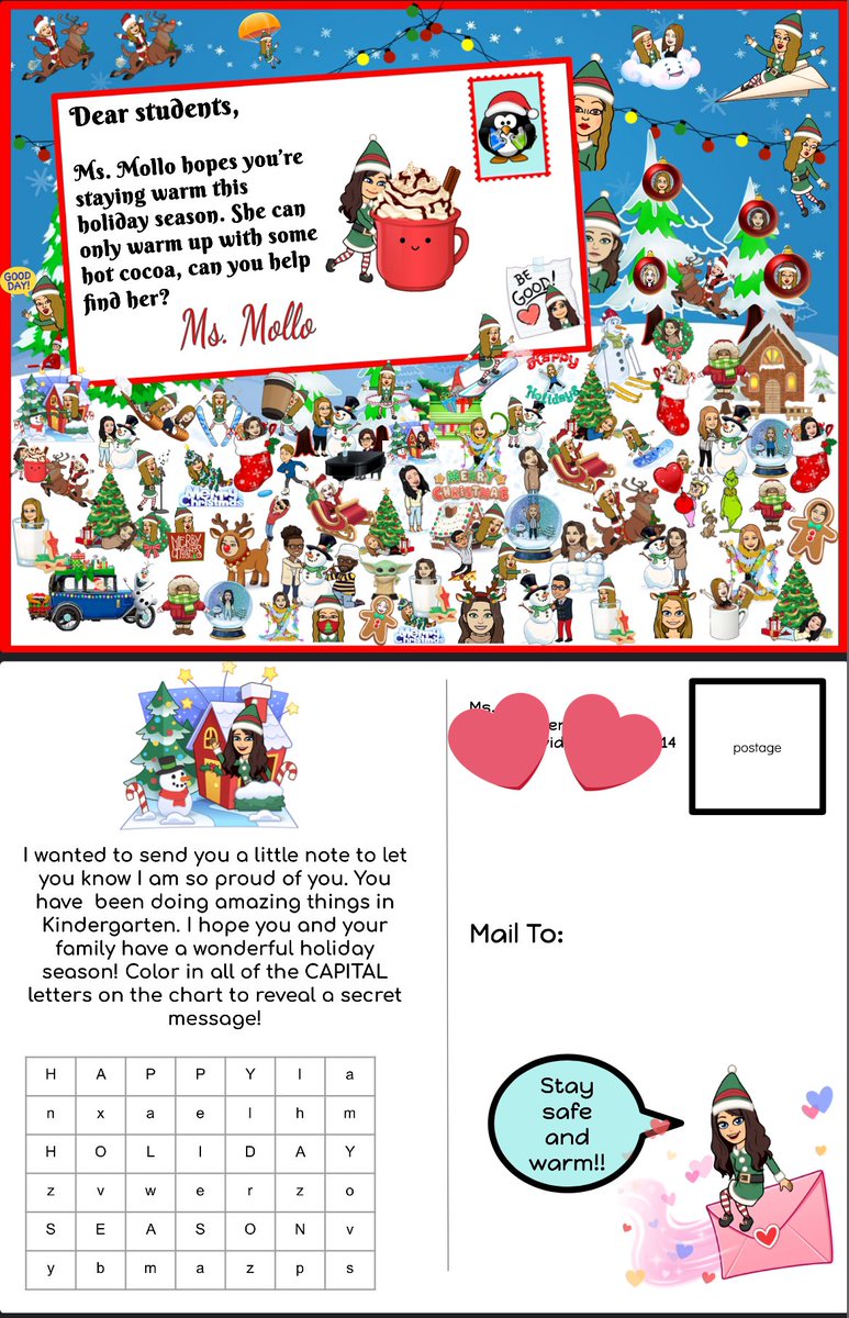 Ms_M_Kteacher's tweet image. I just mailed out my holiday postcards to my #kindergarten students! Hoping it provides them an exciting surprise over the holiday break. #ClassFamily #CommunityBuilding #YearlyTraditions