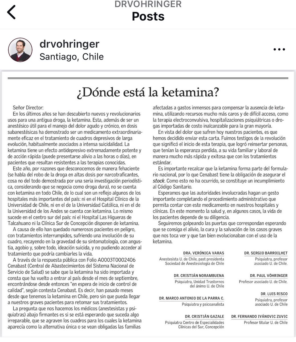 pvohringer's tweet photo. Nuestras autoridades de manera absolutamente pusilánime no han resuelto la total ausencia de Ketamina una molécula vital en el tratamiento de la depresión refractaria y la suicidalidad !!! Esperan que ocurra alguna tragedia ?  Hoy publicamos en el @elmercurioec esta carta https://t.co/WpUeVxT16A
