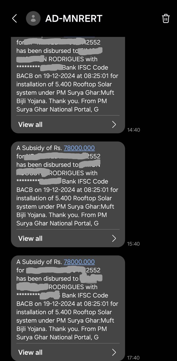RodriguesNavil's tweet photo. Dear @mnreindia @JoshiPralhad @PMSuryaGhar. 
I’ve been receiving the same subsidy disbursement message repeatedly for the past two days under PM Surya Ghar: Muft Bijli Yojana. This is becoming frustrating. Please address this issue promptly. Thank you!
#PMSuryaGhar #Feedback https://t.co/lOnjX9lhiL