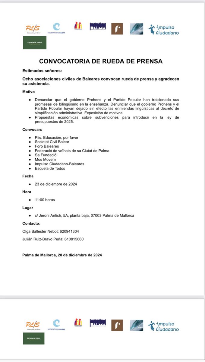 Ocho asociaciones civiles de #Baleares convocan rueda de prensa y agradecen su asistencia.
Motivo
•Denunciar que el gobierno Prohens y el Partido Popular han traicionado sus promesas de bilingüismo en la enseñanza.
#MosMovem <a href="/pliseducacion/">PLIS Educación</a> <a href="/ForoBaleares/">Foro Baleares</a> <a href="/MargaProhens/">Marga Prohens</a>