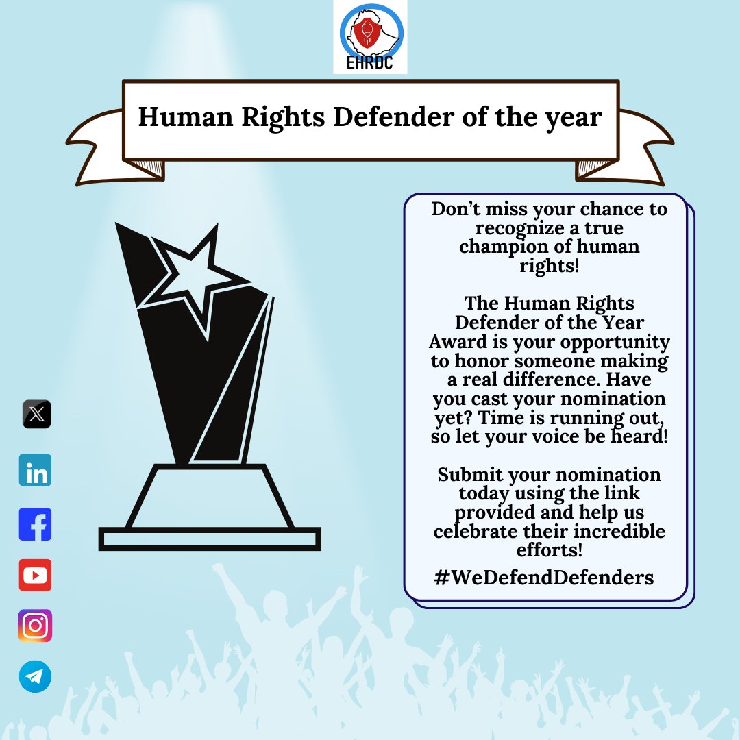 Time is running out! Nominate a true champion for the Human Rights Defender of the Year Award and honor their impact. Submit now! 
forms.gle/hzU6gUwQU5vrUz…
#WeDefendDefenders