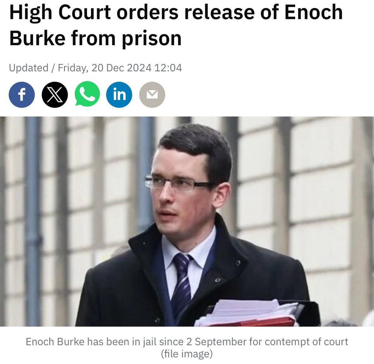 Breaking! 

Enoch Burke has been released from prison.