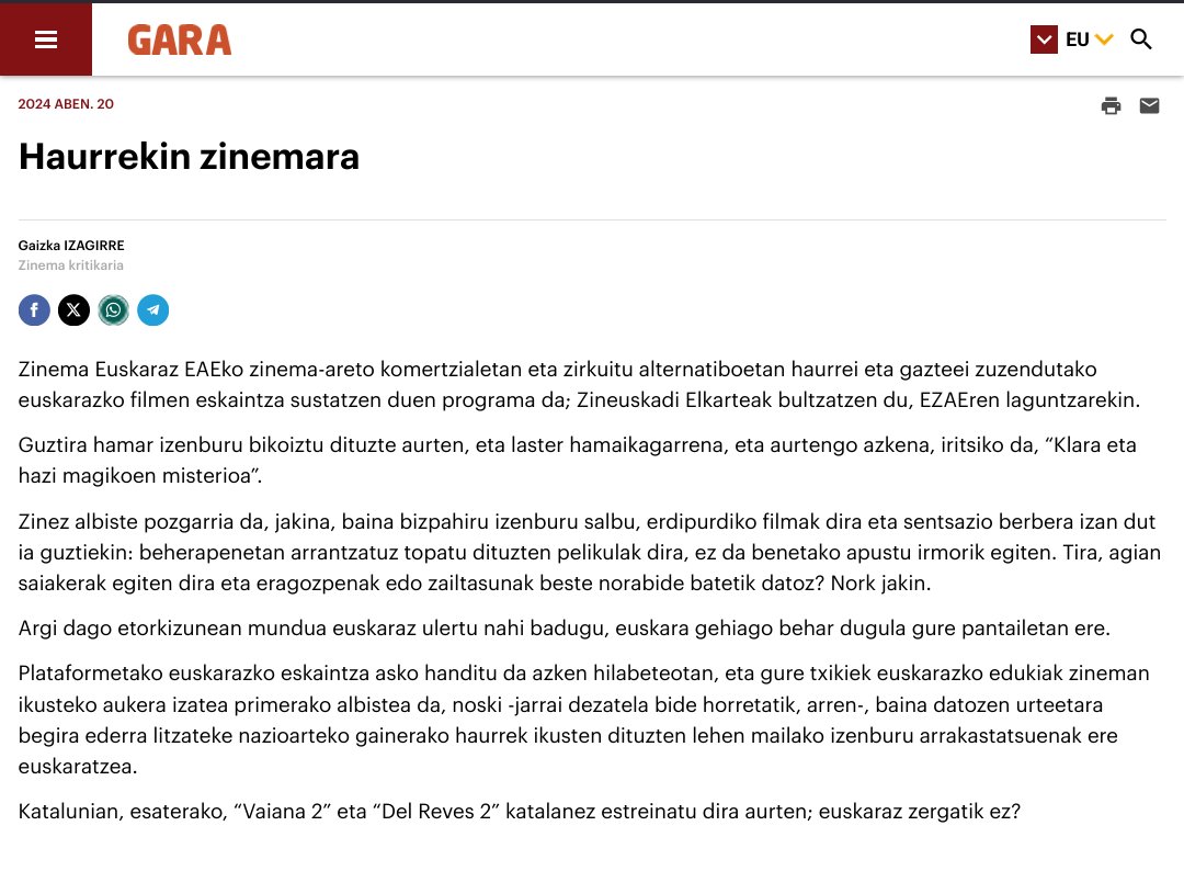 arrakalatik's tweet image. Erabat ados @Gaizka_Izagirre|rekin. @zineuskadi|k zinemarako bikoizten dituen film gehienak hagitz txarrak dira, beherapenetan arrantzatuak. Apostu sendo bat behar da @Gob_eus @ibonebengoetxea|ren aldetik zinemetara erreferentziazko edukiak euskaraz ekartzeko, Katalunian bezala.