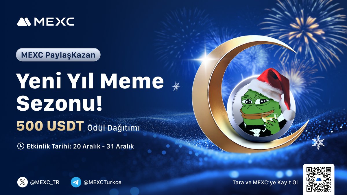 🎊 #MEXC Paylaş &amp; Kazan: Yeni Yıl Meme Yarışması!

🚀 Tam 500 $USDT Ödül Havuzundan Payınızı Kazanmak için Yapmanız Gerekenler:

1️⃣ Takip edin: <a href="/MEXC_TR/">MEXC_TR</a>
2️⃣ Telegram @MEXCTurkce Topluluğuna katılın
3️⃣ Bu gönderiyi beğenin ve alıntılayarak oluşturduğunuz meme'yi paylaşın.
4️⃣ Formu
