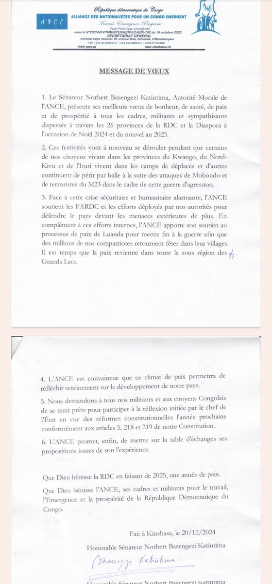 NOTRE MESSAGE DE VOEUX 

Au nom de l'ANCE et à mon nom propre,je présente les meilleurs vœux de bonheur,santé,paix et prospérité à tous les cadres,militants et sympathisants habitant les 26 provinces de la RDC et la Diaspora à l'occasion de Noël 2024 et du nouvel an 2025.