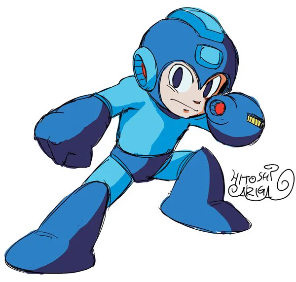 ゲーム画面のファミコンドット絵と公式イラストのバランスの折衷案、着地点を探って描いていますロックマン1のタイトル画面や、2の武器ゲットデモ画面やエンディングで歩いてるロックマンのバランスがゲーム本編のイメージにも近くて自分の探りたい理想かなって(3以降の絵も好きですが) 