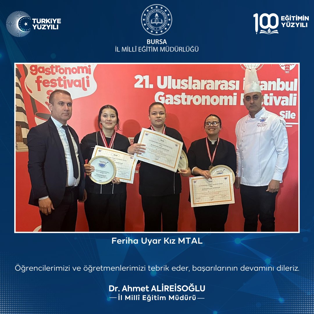 bursailmem16's tweet photo. 🏆Uluslararası İstanbul Gastronomi Festivali'nde ilimizi başarıyla temsil eden öğrencilerimiz ile emek veren öğretmenlerimizi tebrik ederiz.

@tcmeb @MeslegimHayatim @Alireisoglu34 https://t.co/wbOiBNfRqt