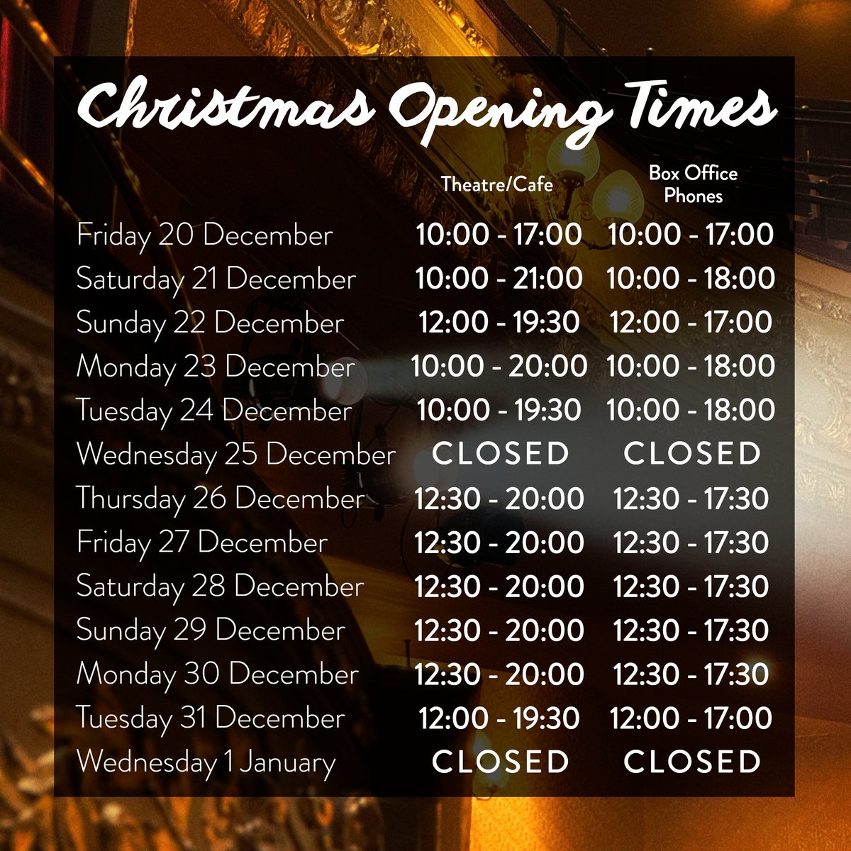 ☎ Christmas Opening Hours 🎄

See the graphic below for our opening times over the Christmas period.

📱 Remember, our website is always open!
darlingtonhippodrome.co.uk/whats-on/