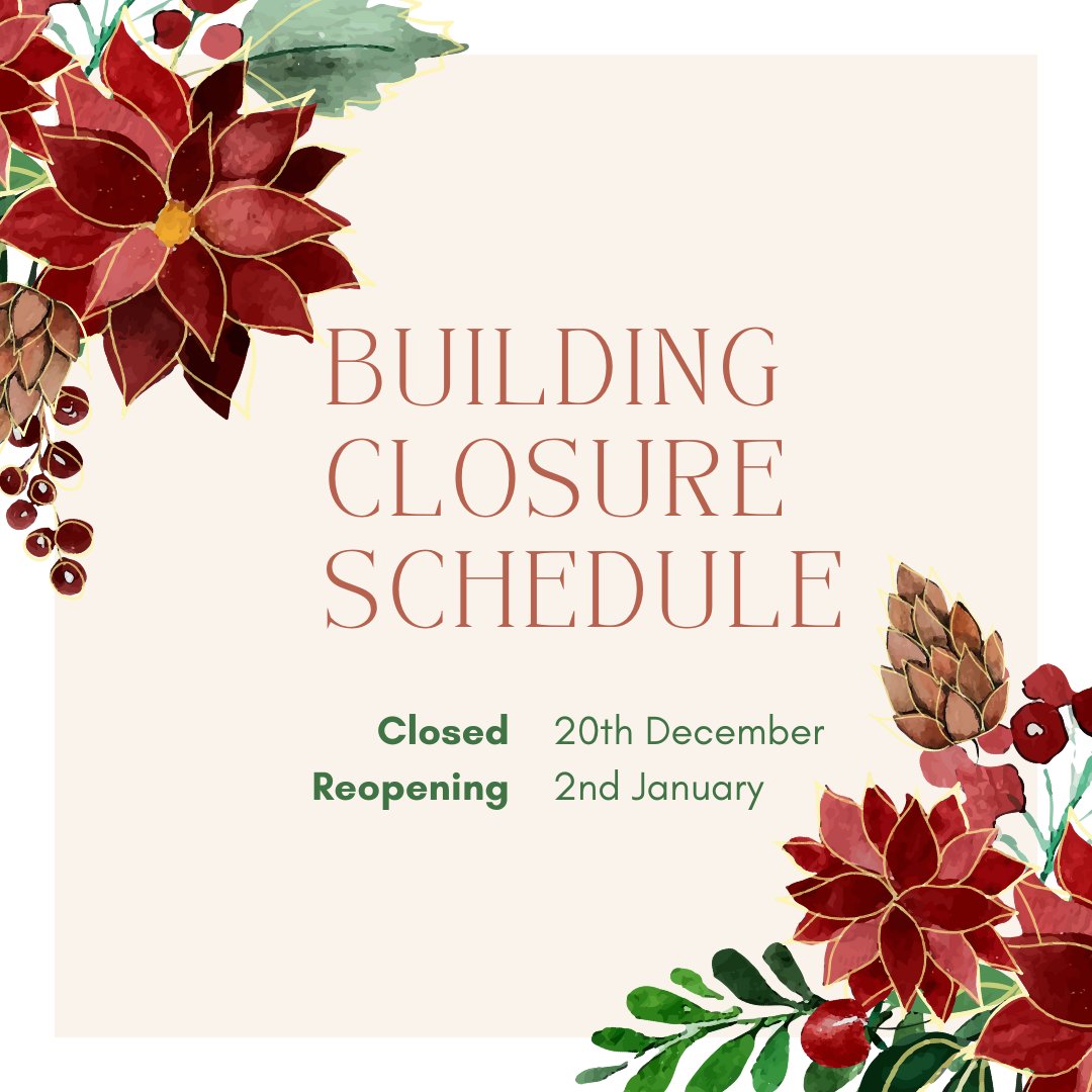 wfchub's tweet photo. Holiday Closure Announcement

Please note that our building will be closed from 20th December and will re-open on 2nd January.

We wish you all a wonderful holiday season and look forward to welcoming you back in the New Year!

#BuildingUpdate #HolidayClosure #SeasonGreetings https://t.co/u5rTCvvzoS