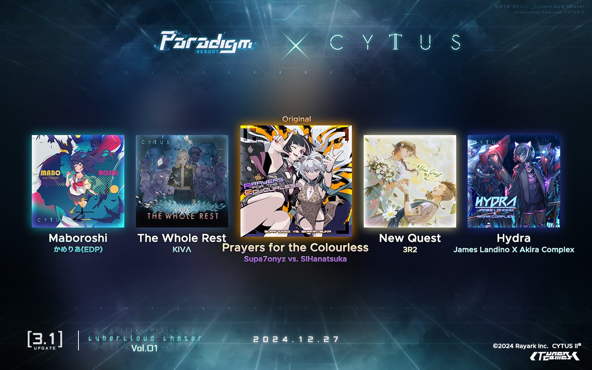 ParadigmReboot's tweet photo. [v3.1 Update]

Cytus II Collaboration Album "Cybercloud Chaser" Vol.1 &
VOEZ Collaboration Album "Vibrant Voice" Vol.1
coming on December 27th, 2024!

9 popular tracks & 1 Collaboration Original Track included:

- "The Whole Rest" by KIVΛ @KivaWu
- "New Quest" by 3R2 @3R2
- "Prayers for the Colourless" by Supa7onyz vs. SIHanatsuka (Collaboration Original) @Sua7onyzzz @sihanatsuka
- "Maboroshi" by かめりあ(EDP) @cametek
- "Hydra" by James Landino & Akira Complex @JamesLandino @/AkiraComplex

- "Wilt" by VerseQuence (MJQ・Eri) @MJQ3690
- "Kimi to mita sora no uta" by TAKU1175+菊池亮太 @takuyay1175 @komuro_metal
- "Platinum" by jioyi @jioyi_
- "PrayStation" by Ras @Xakyo
- "Noël" by モリモリあつし vs. uma @ats024 @uma_0002

#ParadigmReboot #CytusII #VOEZ
