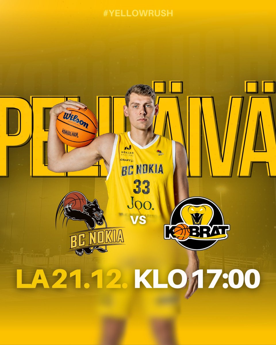 Pelipäivä! 👊🏽

▪️ BC Nokia vs. Kobrat
🗓️ La 21.12.2024 kello 17:00 | Ovet auki 16:00
📍 AGCO Power Arena
🎟️ Osta liput: tiketti.fi/bcnokia
👉🏽 Keltaista päälle, ääni auki ja arenalle!

#bcnokia #yellowrush💛 #korisliiga