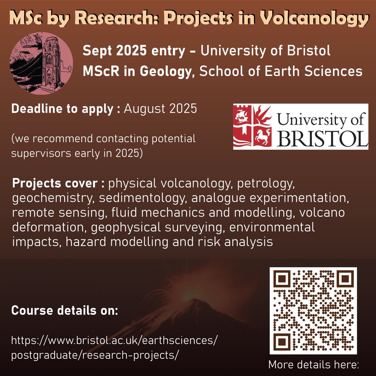 Interested in 🌋, their hazards, detection and impacts on the environment? Want to take a hands-on approach to a Masters? Why not consider an MSc(R) project with us at Bristol! 14 project suggestions here!