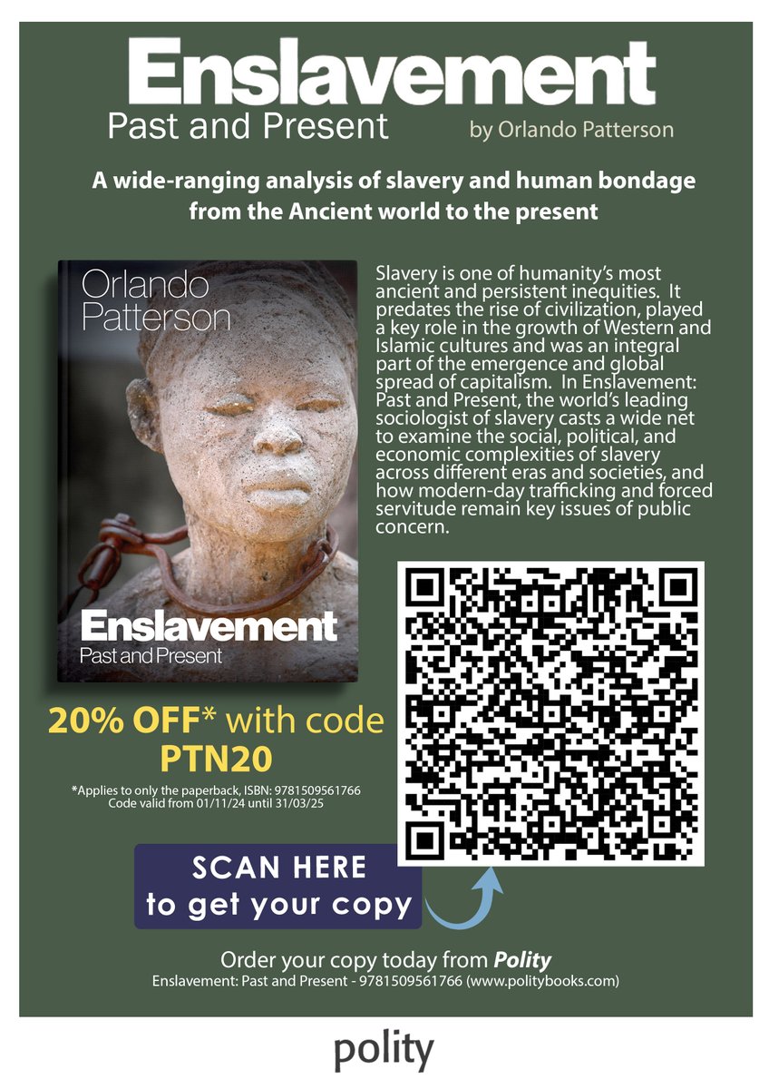 Polity (@politybooks) on Twitter photo <a href="/ASAnews/">ASA Sociology</a> <a href="/Harvard/">Harvard University</a> And a reminder from us that Professor Patterson's latest book 'Enslavement' is available at 20% discount (on the paperback) until the end of March using the code PTN20. A great opportunity for anyone interested in the work of the great sociologist.
Other titles are also <a href="/ASAnews/">ASA Sociology</a> <a href="/Harvard/">Harvard University</a> And a reminder from us that Professor Patterson's latest book 'Enslavement' is available at 20% discount (on the paperback) until the end of March using the code PTN20. A great opportunity for anyone interested in the work of the great sociologist.
Other titles are also