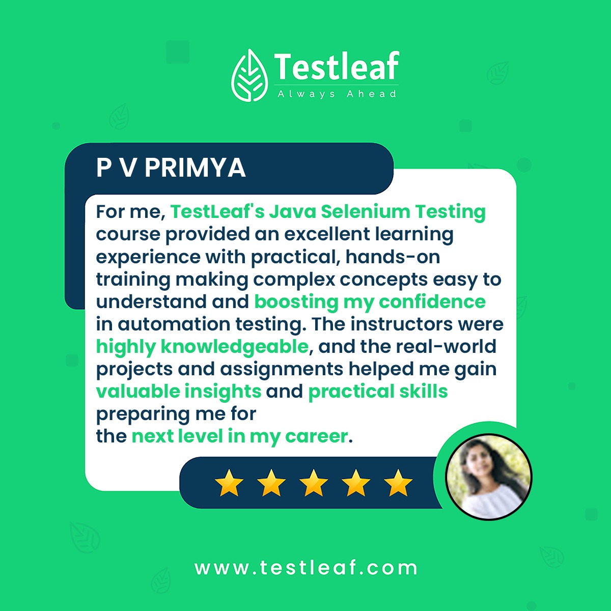 Testleaf1's tweet photo. We extend our heartfelt gratitude for sharing your experience, P.V. Primya.

At Testleaf, we take immense pride in transforming your passion into reality by offering expert coaching and comprehensive exam preparation.

#testleaf #testimonial #learnwithtestleaf #studentfeedback https://t.co/2uN7xyX8Cm
