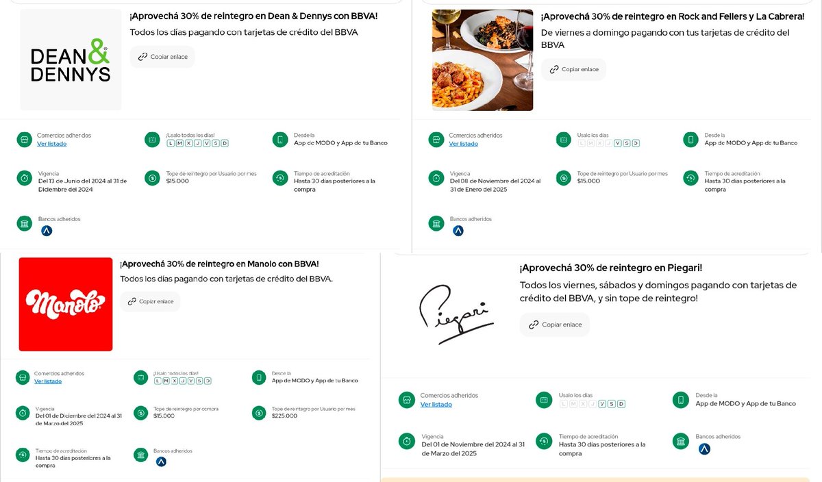 ahorrotwit's tweet photo. Todos los Viernes, Sabados y Domingos pagando desde @MODO_Arg con tus tarjetas de crédito de @bbva_argentina tenes 30% con tope $15.000 x mes en @deandennys (locales adheridos) y @rockandfellers

Ademas tambien 30% sin tope en #Piegari

Y 30% con tope de $15.000 por compra en @MdqManolo