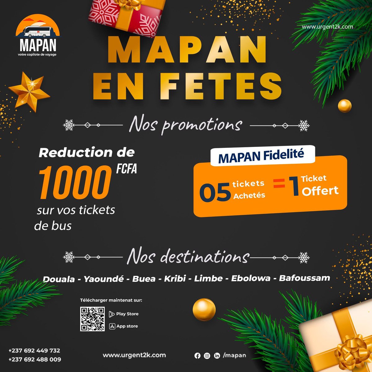 MAPAN_U2K's tweet photo. 🎉✨ MAPAN EN FÊTES : La magie des voyages à prix réduits ! 🚍🎁

🎄 Ce mois-ci, MAPAN illumine vos trajets avec une superbe promotion qui va vous faire sourire jusqu'aux oreilles :
🎊 1 000 FCFA de réduction sur vos réservations.
🎟️ 5 tickets achetés = 1 ticket offert !

Parce que Noël et les fêtes de fin d’année riment avec générosité, nous mettons tout en œuvre pour rendre vos voyages plus accessibles et vos moments encore plus spéciaux. 🌟

Et vous, quelle destination rêvez-vous de découvrir pour ces fêtes ? Partagez vos envies dans les commentaires et commencez à réserver dès maintenant avec MAPAN pour profiter de ces offres exceptionnelles ! 🎅💙

📲 Téléchargez l’application MAPAN et vivez des fêtes mémorables sans vous ruiner.

#MAPANEnFêtes #VoyagezAvecMAPAN #RéductionsDeNoël #5Achats1Offert #MAPANPromotion