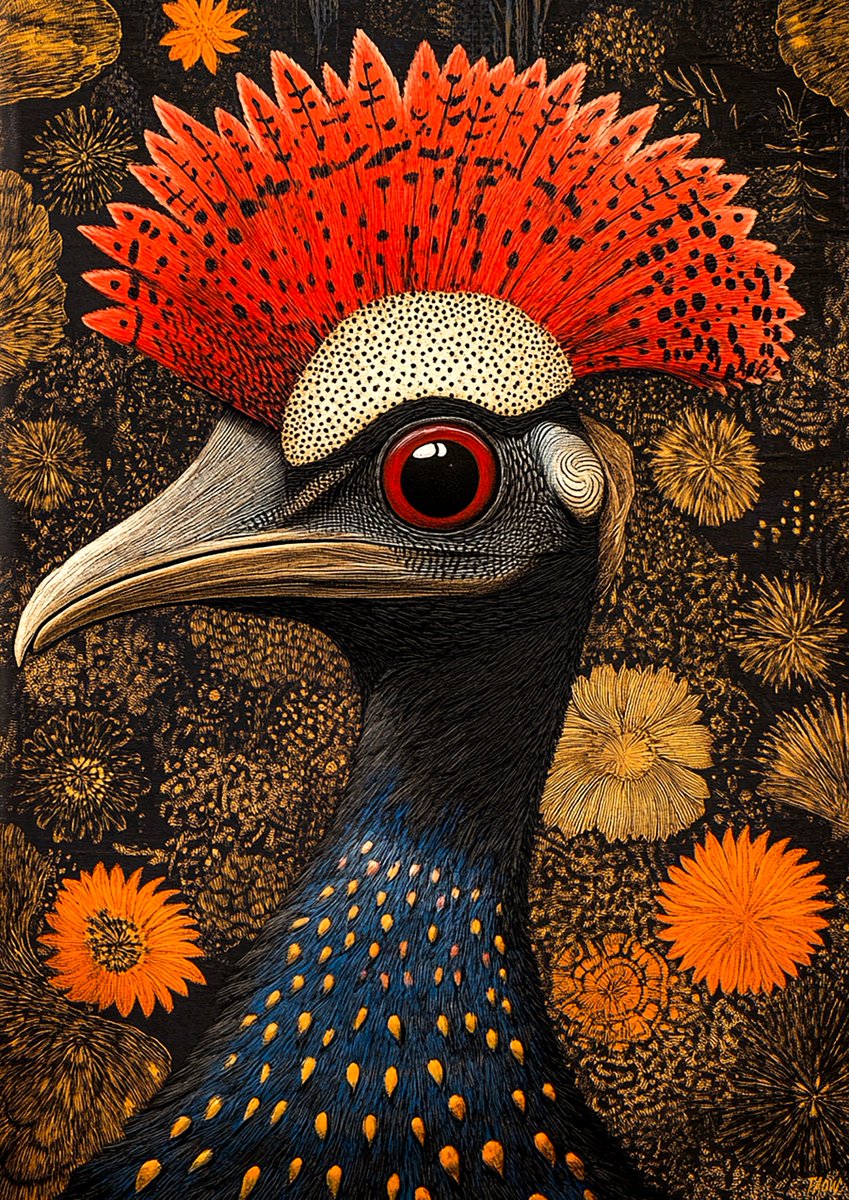 theartofweb's tweet image. I should probably have started with this style for the "cassowary" theme :)

"Bogolan textile print, double-wattled cassowary, natural habitat, traditional fabric patterns" #midjourney