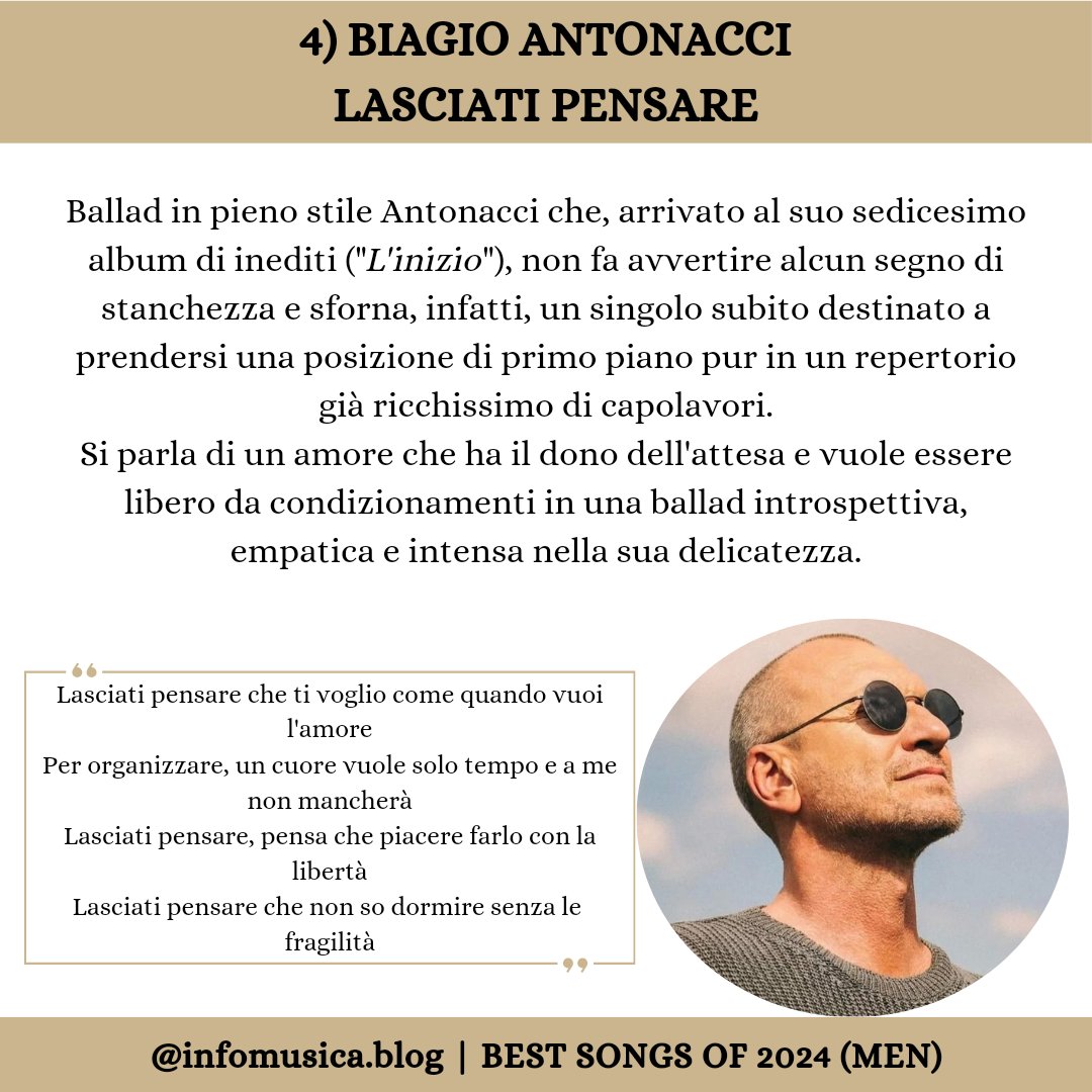 Infomusica_blog's tweet image. INFOMUSICA BEST SONGS OF 2024 (MEN).

4) @BiagioAntonacci - Lasciati pensare.

#BiagioAntonacci