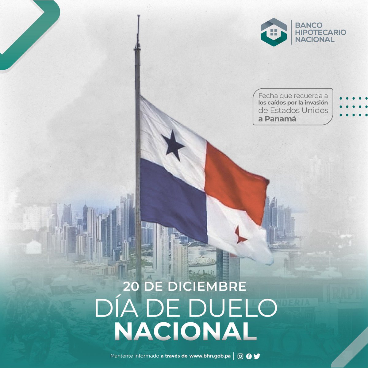 Hoy en nuestro suelo patrio, testigo de aquel doloroso episodio, la Bandera Nacional ondea a media asta en recordación de quienes perdieron la vida hace 35 años producto de la intervención militar de Estados Unidos en Panamá.
