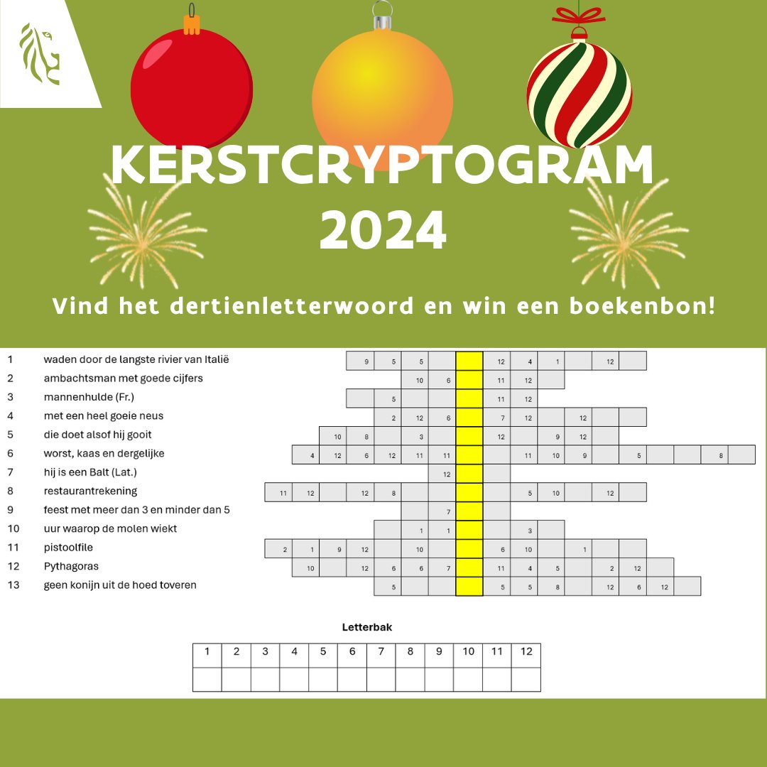 Wil je tussen de feestgelagen door je hersenen wat aan het werk zetten? Vul dan ons #Kerstcryptogram in! Stuur ons je oplossing vóór vrijdag 10 januari (12 uur ’s middags). Dan kun je een boekenbon winnen.

Opgave en deelnameformulier op: vlaanderen.be/team-taaladvies.
