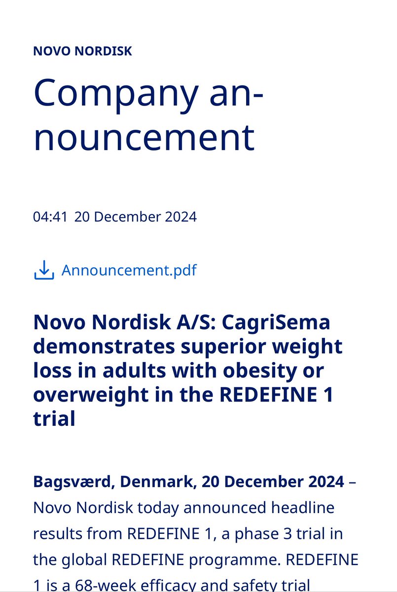 MichaelAlbertMD's tweet photo. BREAKING: Topline results from REDEFINE-1, a Phase 3 trial for CagriSema, highlight the novel GLP-1 RA/Amylin RA combination achieving 22.7% weight loss (when paired with diet & exercise) over 68 weeks.

CagriSema demonstrates weight loss efficacy comparable to Tirzepatide.
https://t.co/VWDVcnm6DJ