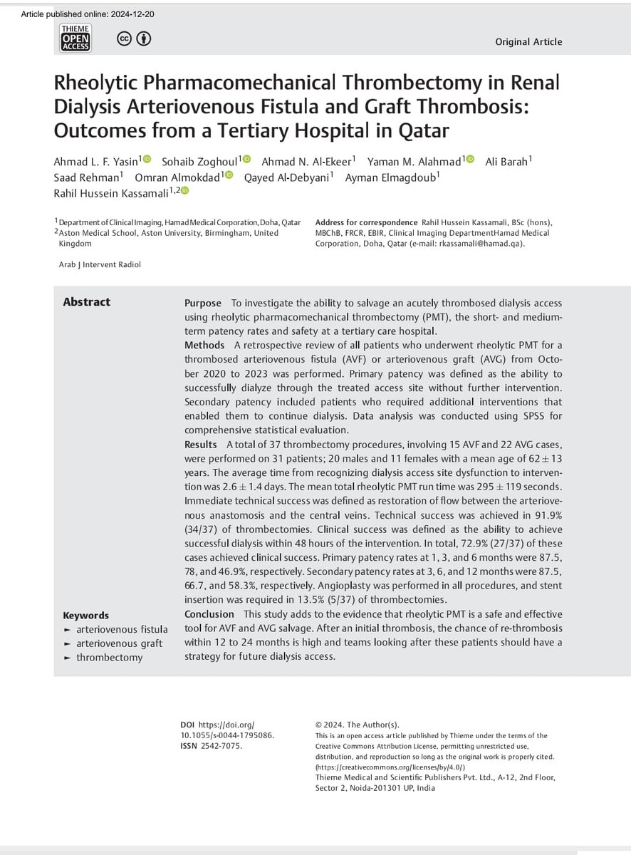 Arabjir's tweet photo. #AJIR Original Article : Rheolytic Pharmacomechanical Thrombectomy in Renal Dialysis Arteriovenous Fistula and Graft Thrombosis: Outcomes from a Tertiary Hospital in Qatar @pairsmedia
Abstract: https://t.co/BbWxvVdqok
HTML: https://t.co/I67yrGBtJG
PDF: https://t.co/bm7KcnVVCv https://t.co/dIWoSIJAtV
