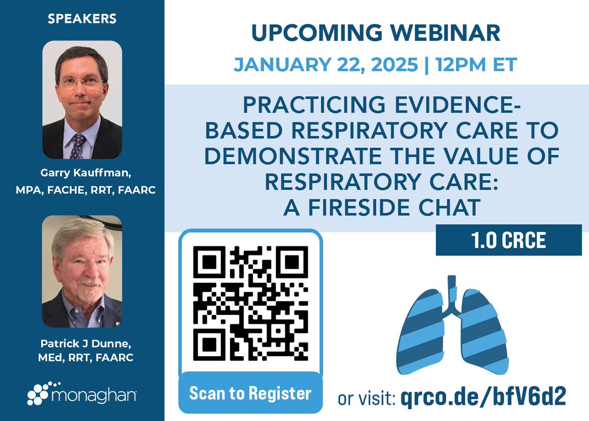 MonaghanMedical's tweet photo. Mark your calendars for 1/22/2025 at 12pm ET
Join us for a Fireside Chat webinar on Practicing Evidence-Based Respiratory Care.
1.0 CRCE credit available!
Register Today: https://t.co/yDOfHGv5VQ
#webinar #TeamMonaghan https://t.co/6fEFgd3CLT