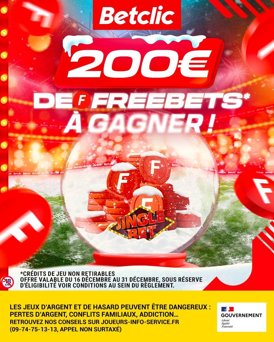 JINGLE BET vient vous régaler ! 🎅

Alors pour ça, voici 10x20€ de Freebets* à gagner la team ! ⭐️

🔁 RT + Ton pseudo Betclic et #JingleBet 
🍀 TAS le 21/12 à 12h