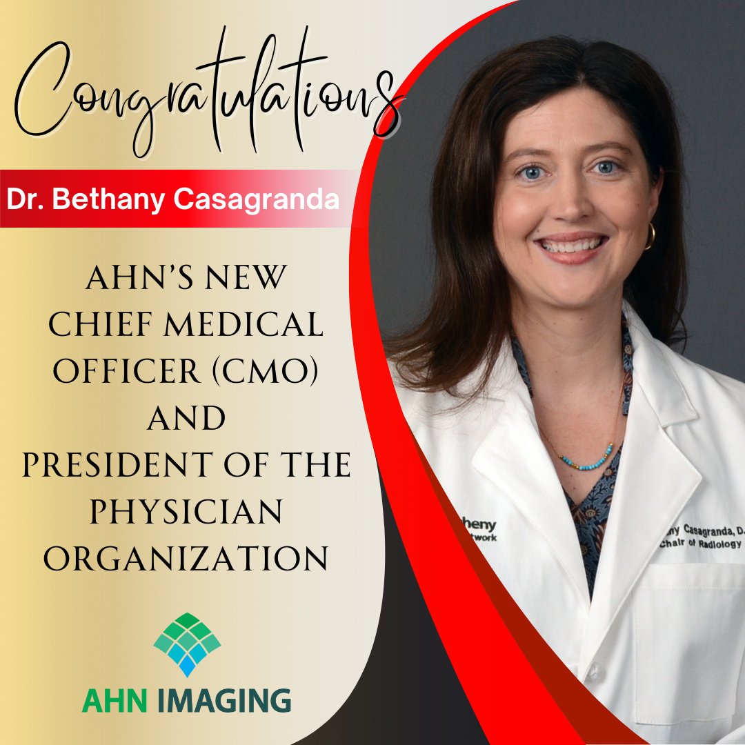 AHN Imaging Institute (@ahnimaging) on Twitter photo AHN Imaging would like to congratulate Dr. Bethany Casagranda for being appointed AHN’s Chief Medical Officer (CMO) and President of the Physician Organization, effective January 1, 2025.
#AHNImaging @AHNToday <a href="/AHNRadRes/">AHN Diagnostic Radiology Residency</a> #CheifMedicalOfficer #ProudTeam #Radiology AHN Imaging would like to congratulate Dr. Bethany Casagranda for being appointed AHN’s Chief Medical Officer (CMO) and President of the Physician Organization, effective January 1, 2025.
#AHNImaging @AHNToday <a href="/AHNRadRes/">AHN Diagnostic Radiology Residency</a> #CheifMedicalOfficer #ProudTeam #Radiology