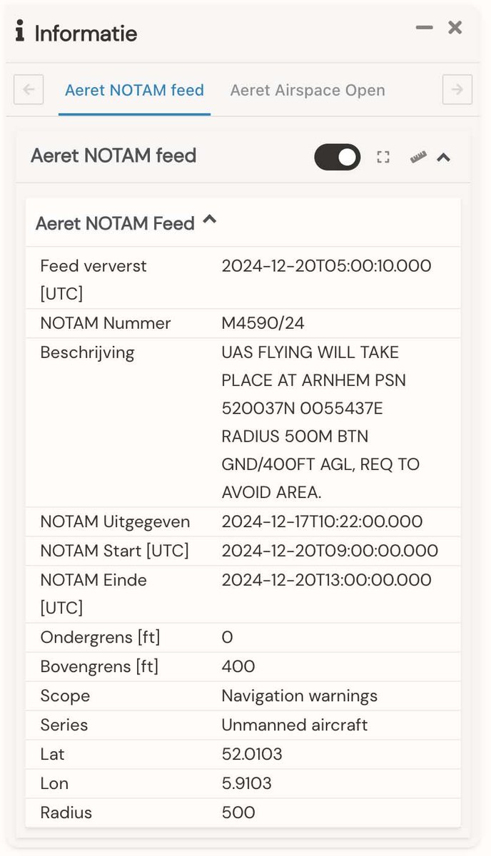 wdejager's tweet photo. Hé, dat is raar. Ik heb een #NOTAM aangevraagd voor een dronevlucht in CTR Deelen. Deze verschijnt wel in #Aeret, maar niet in #Godrone. Best kwalijk, dat NOTAMs niet goed doorkomen in de ‘officiële’ drone-app!
@Aeret_IT @lchtvrkrsldng @MinIenW @InspectieLenT @dhcluchtmacht https://t.co/yyCUY4TPYJ