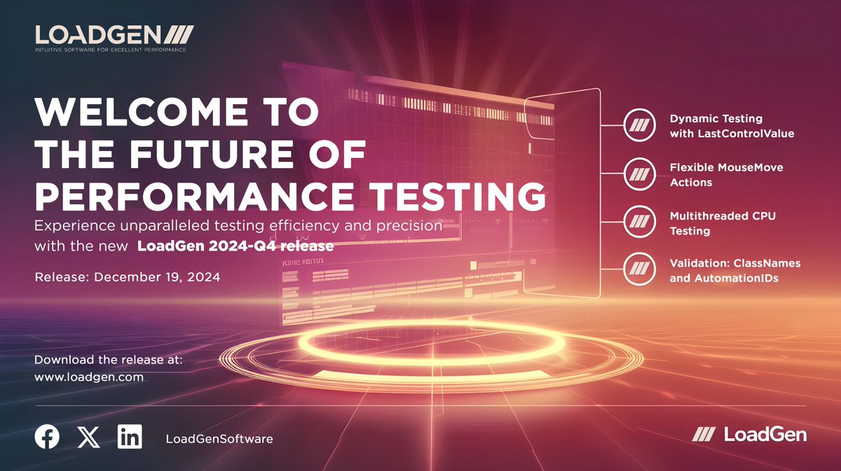 LoadGenSoftware's tweet image. 🚀 LoadGen 2024-Q4 is here! 

Dynamic Testing, Multithreaded CPU, Flexible Actions &amp;amp; more.

 Upgrade now: bit.ly/41IFwSX 🌟 
#LoadGen #Innovation #LoadTesting #PerformanceTest #VDI #WebTesting #CloudServices #VirtualDesktop #AzureVD #RDS #RDP #FunctionalTesting #Insights