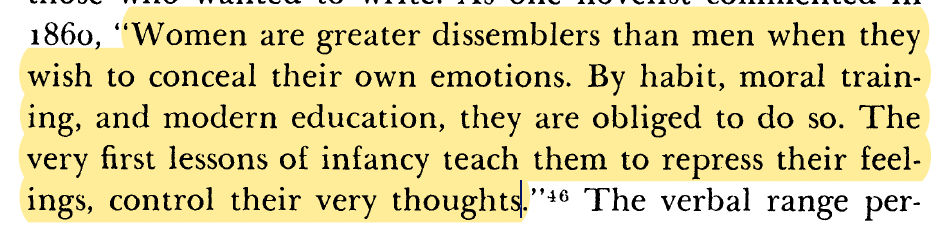 _alice_evans's tweet photo. As recent as 1860, a Victorian novelist observed:

"The very first lessons of infancy teach them to repress their feelings, control their very thoughts" https://t.co/bmrO6SbwKT