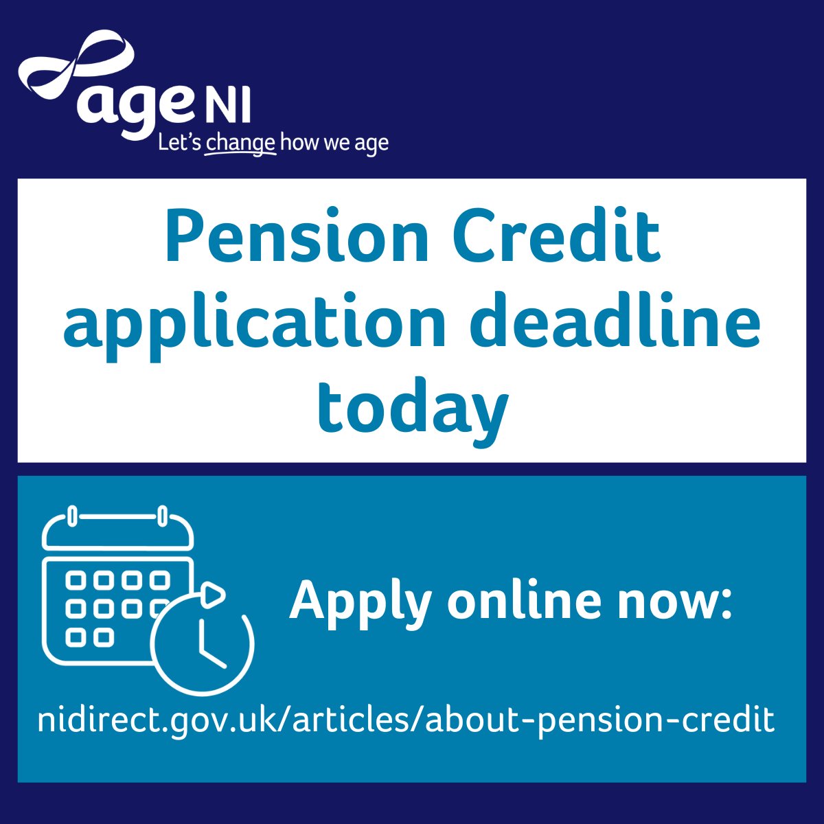 📢Today is the final day to apply for Pension Credit.

If you or someone you know is eligible for Pension Credit, apply now to make sure you are receiving what are you entitled to, including the winter fuel payment.

Apply online now: nidirect.gov.uk/articles/about…